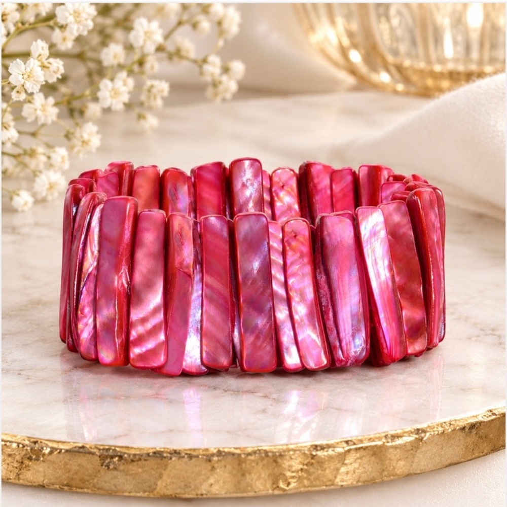 Fashion Jewelry Vintage Hot Pink Abalone Iridescent Shell Stretch Bracelet Boho